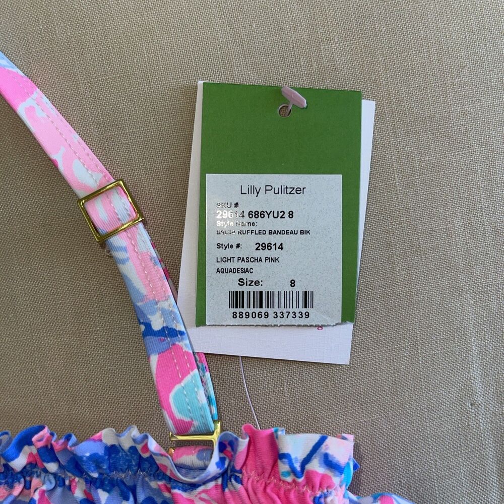 NWT Lilly Pulitzer Salsa Ruffled Bandeau Bikini Light Pascha Pink Aquadesiac 8 - Picture 3 of 5